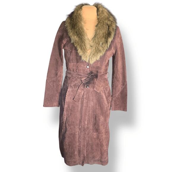 Vintage Y2K Wilsons Penny Lane Tan Brown Suede Leather Faux Fur Collar Coat - Picture 1 of 14